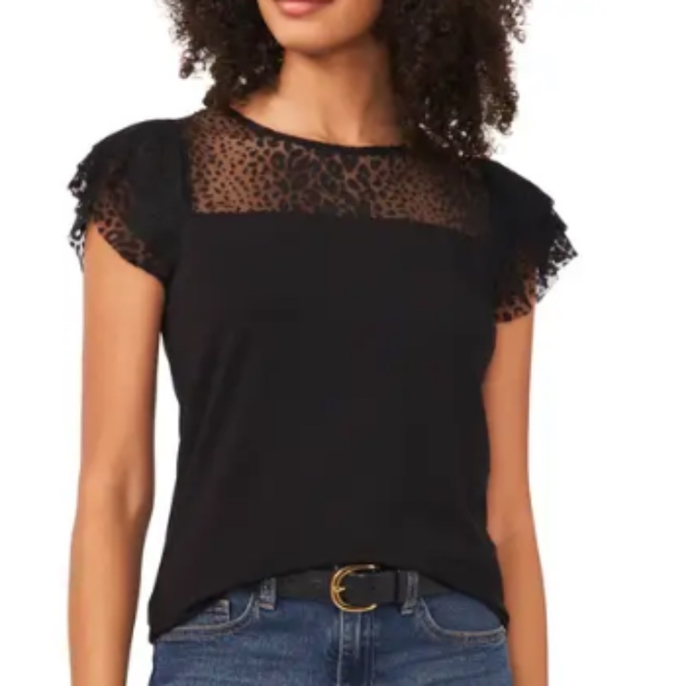 NEW Vince Camuto Illusion Flutter Sleeve Top Size Large Rich Black